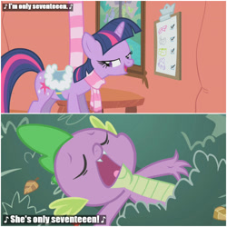 Size: 1000x1000 | Tagged: safe, edit, edited screencap, imported from derpibooru, screencap, spike, twilight sparkle, dragon, pony, unicorn, winter wrap up, caption, clothes, female, golden oaks library, image macro, lidded eyes, male, mare, saddle, scarf, seventeen, song reference, tack, text, winger