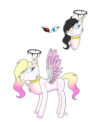 Size: 1224x1632 | Tagged: safe, artist:derpyhooves567, artist:rose-blade, imported from derpibooru, oc, oc only, oc:angelica (angel), angel pony, demon, demon pony, hybrid, original species, pegasus, pony, angel, black sclera, chest fluff, choker, colored sclera, ear fluff, ear piercing, earring, female, freckles, heterochromia, jewelry, mare, necklace, nose piercing, nose ring, piercing, simple background, slit eyes, slit pupils, snake eyes, solo, tattoo, transparent background