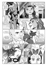 Size: 1380x1920 | Tagged: safe, artist:pencils, imported from derpibooru, catrina, princess luna, oc, oc:anon, oc:ellus, abyssinian, alicorn, anthro, bushwoolie, cat, human, pony, comic:anon's pie adventure, anthro with ponies, armpits, comic, cute, feet, feline, female, fetish, g1, human male, kunoichi, male, mare, monochrome, ninja, paw fetish, speech bubble