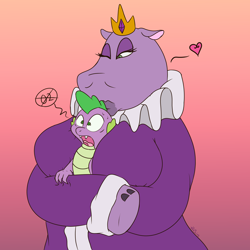 Size: 4000x4000 | Tagged: safe, artist:tbosiris, imported from derpibooru, queen of the hippos, spike, anthro, dragon, hippopotamus, absurd resolution, boob smothering, breasts, crown, female, jewelry, kissing, male, regalia, ruff (clothing), smothering