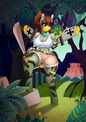 Size: 2480x3508 | Tagged: safe, artist:tatemil, imported from derpibooru, oc, oc only, oc:jägerin, anthro, original species, plane pony, belly button, big breasts, breasts, clothes, idol, jungle, machete, midriff, plane, shorts, skull, temple