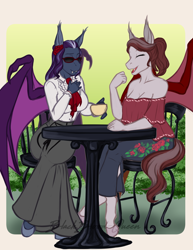 Size: 2550x3300 | Tagged: safe, artist:blackblood-queen, imported from derpibooru, oc, oc only, oc:indigo rose, oc:scarlet quill, anthro, bat pony, unguligrade anthro, anthro oc, bat pony oc, chair, clothes, coffee, commission, conversation, crossed legs, cup, eyes closed, fangs, female, friends, long skirt, mare, off shoulder, signature, skirt, smiling, sunglasses, table, talking