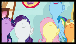 Size: 640x372 | Tagged: safe, edit, edited screencap, imported from derpibooru, screencap, applejack, fluttershy, rainbow dash, rarity, twilight sparkle, alicorn, earth pony, pegasus, pony, unicorn, yakity-sax, border, comic, cowboy hat, cropped, female, hat, horn, mare, meme, meme face, nose in the air, ponyville, screencap comic, sugarcube corner, twilight sparkle (alicorn), wings