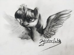 Size: 1280x960 | Tagged: safe, artist:colorfulcolor233, artist:oofycolorful, imported from derpibooru, twilight sparkle, alicorn, pony, black and white, female, grayscale, magic, mare, monochrome, simple background, solo, spread wings, traditional art, twilight sparkle (alicorn), wings