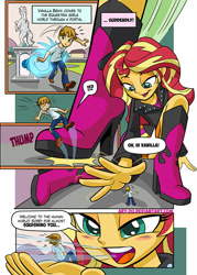 Size: 610x851 | Tagged: safe, artist:art-2u, imported from derpibooru, sunset shimmer, oc, oc:vanilla beam, equestria girls, blushing, boots, breath, clothes, comic, commission, equestria girls-ified, female, giantess, jacket, leather jacket, loud, macro/micro, shoes, skirt, small, vanilla beam