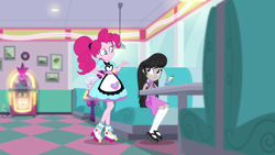 Size: 1920x1080 | Tagged: safe, imported from derpibooru, screencap, octavia melody, pinkie pie, equestria girls, equestria girls series, five stars, spoiler:eqg series (season 2), background human, cellphone, female, food, phone, pie, ponytail, server pinkie pie