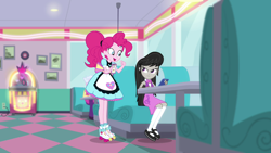 Size: 1920x1080 | Tagged: safe, imported from derpibooru, screencap, octavia melody, pinkie pie, equestria girls, equestria girls series, five stars, spoiler:eqg series (season 2), background human, cellphone, female, food, phone, pie, ponytail, server pinkie pie