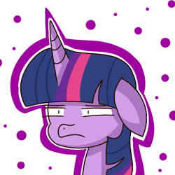 Size: 500x500 | Tagged: safe, artist:winter-scarf, imported from derpibooru, twilight sparkle, pony, unicorn, bust, female, floppy ears, frown, polka dot background, purple, reaction image, solo, twilight is not amused, twilight sparkle is not amused, unamused, unicorn twilight