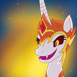 Size: 1500x1500 | Tagged: safe, artist:winter-scarf, imported from derpibooru, daybreaker, alicorn, pony, bust, evil grin, fangs, female, grin, helmet, jewelry, mane of fire, mare, night, regalia, smiling, solo, stars