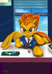 Size: 4250x6000 | Tagged: safe, artist:darksly, imported from derpibooru, spitfire, pegasus, pony, absurd resolution, clothes, colored hooves, eyes on the prize, female, mare, smiling, solo, uniform, whistle, wonderbolts dress uniform