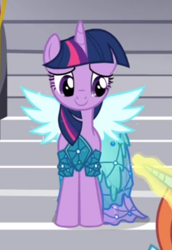 Size: 356x518 | Tagged: safe, imported from derpibooru, screencap, sassy saddles, twilight sparkle, alicorn, pony, canterlot boutique, clothes, cropped, dress, female, glowing horn, offscreen character, princess dress, smiling, solo focus, twilight sparkle (alicorn)