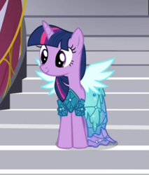 Size: 481x564 | Tagged: safe, imported from derpibooru, screencap, twilight sparkle, alicorn, pony, canterlot boutique, clothes, cropped, dress, female, mare, princess dress, smiling, solo, twilight sparkle (alicorn)