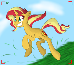 Size: 1243x1081 | Tagged: safe, artist:winter-scarf, imported from derpibooru, sunset shimmer, pony, unicorn, camera, camera shot, cloud, female, grass, mare, open mouth, running, sky, solo, windswept mane