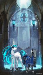 Size: 2400x4109 | Tagged: safe, artist:hinoraito, imported from derpibooru, oc, oc:angel song, oc:knight light, earth pony, pony, unicorn, fanfic:a knight's tale, armor, commission, duo, earth pony oc, fanfic art, horn, unicorn oc