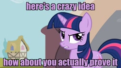 Size: 1365x768 | Tagged: safe, edit, edited screencap, imported from derpibooru, screencap, twilight sparkle, pony, it's about time, annoyed, caption, citation needed, female, image macro, reaction image, solo, text