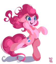 Size: 1800x2048 | Tagged: safe, artist:tohupo, imported from derpibooru, pinkie pie, earth pony, pony, bipedal, female, mare, open mouth, signature, simple background, smiling, solo, white background
