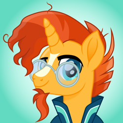 Size: 1500x1500 | Tagged: safe, artist:cloudy glow, artist:cloudyglow, imported from derpibooru, sunburst, pony, unicorn, bust, cloak, clothes, facial hair, glasses, goatee, horn, light blue background, looking at you, male, movie accurate, smiling, smiling at you, smirk, solo, stallion, sunburst's cloak, sunburst's glasses
