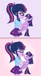 Size: 3000x5500 | Tagged: safe, artist:yinglongfujun, artist:yinglung, imported from derpibooru, sci-twi, twilight sparkle, alicorn, pony, equestria girls, equestria girls series, boop, clothes, cute, eyes closed, female, holding a pony, mare, smiling, twiabetes, twilight sparkle (alicorn), twolight