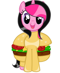 Size: 900x1098 | Tagged: safe, artist:dl-ai2k, imported from derpibooru, oc, oc:sunny pink, pony, unicorn, burger, clothes, costume, female, food, food costume, hamburger, mare, simple background, solo, transparent background