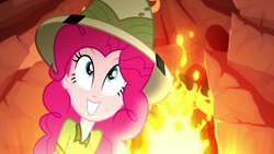 Size: 1920x1080 | Tagged: safe, imported from derpibooru, screencap, pinkie pie, eqg summertime shorts, equestria girls, the canterlot movie club, crazy face, faic, fire, hat, smiling