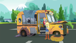 Size: 1920x1080 | Tagged: safe, imported from derpibooru, screencap, applejack, big macintosh, eqg summertime shorts, equestria girls, get the show on the road, ashamed, bus, parking lot, school bus, studebaker, the rainbooms tour bus, wreck