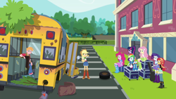 Size: 1920x1080 | Tagged: safe, imported from derpibooru, screencap, applejack, big macintosh, fluttershy, pinkie pie, rainbow dash, rarity, sci-twi, sunset shimmer, twilight sparkle, eqg summertime shorts, equestria girls, get the show on the road, bus, confused, group, humane five, humane seven, humane six, parking lot, school bus, studebaker, the rainbooms tour bus, wreck
