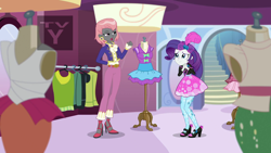 Size: 1920x1080 | Tagged: safe, imported from derpibooru, screencap, prim hemline, rarity, display of affection, equestria girls, equestria girls series, boutique, clothes, dress, ear piercing, earring, female, high heels, jewelry, mannequin, piercing, shoes, stairs, tv rating, tv-y