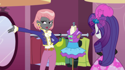 Size: 1920x1080 | Tagged: safe, imported from derpibooru, screencap, prim hemline, rarity, display of affection, equestria girls, equestria girls series, arm behind back, boutique, clothes, dress, ear piercing, earring, female, jacket, jewelry, mannequin, mirror, piercing