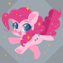 Size: 1600x1600 | Tagged: safe, artist:snow angel, imported from derpibooru, pinkie pie, earth pony, pony, :3, chibi, cute, diapinkes, female, heart, looking at you, mare, open mouth, signature, simple background, smiling, solo, sparkles, underhoof