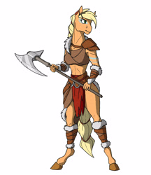 Size: 1382x1600 | Tagged: safe, artist:akweer, imported from derpibooru, applejack, anthro, earth pony, unguligrade anthro, barbarian, barbarianjack, clothes, female, mare, solo, war axe, weapon