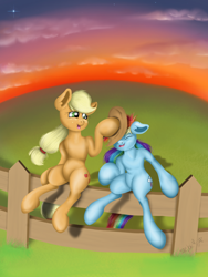 Size: 1200x1600 | Tagged: safe, artist:valemjj, imported from derpibooru, applejack, rainbow dash, pony, appledash, female, sunset