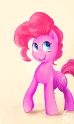 Size: 2100x3508 | Tagged: safe, artist:sea-maas, imported from derpibooru, pinkie pie, earth pony, pony, aside glance, female, happy, high res, looking at you, mare, open mouth, open smile, simple background, smiling, solo, standing, three quarter view