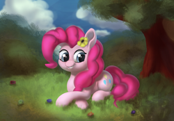 Size: 3896x2718 | Tagged: safe, artist:coldmix, imported from derpibooru, pinkie pie, earth pony, pony, cloud, cute, diapinkes, female, flower, flower in hair, mare, prone, sky, smiling, solo, tree