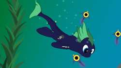 Size: 15360x8640 | Tagged: safe, alternate version, artist:waveywaves, imported from derpibooru, oc, oc only, oc:middy, original species, peeper (subnautica), shark pony, absurd resolution, air bubble, cropped, kelp, subnautica, swimming, underwater, wreck