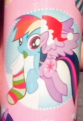 Size: 1115x1634 | Tagged: safe, imported from derpibooru, rainbow dash, twilight sparkle, alicorn, pegasus, pony, christmas, cutie mark, gift wrap, hat, holiday, looking at you, mouth hold, santa hat, sock, spread wings, this isn't even my final form, twilight sparkle (alicorn), wat, wings