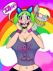 Size: 1200x1600 | Tagged: safe, artist:misscandycrazed, imported from derpibooru, derpy hooves, oc, oc:pegaslut, human, adam's apple, belly button, breasts, cleavage, clothes, dialogue, evil grin, gift art, grin, hand on face, human oc, looking at you, message, midriff, pink eyes, pony ears, rainbow background, shirt, short shirt, smiling, t-shirt, vulgar, yellow teeth, zomg