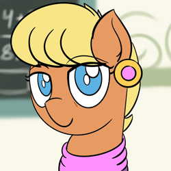 Size: 1280x1280 | Tagged: safe, artist:ashtoneer, imported from derpibooru, ms. harshwhinny, pony, blurred background, blurry background, bust, chalkboard, eye clipping through hair, female, ms. cutewhinny, no pupils, portrait, solo