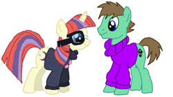 Size: 1920x1080 | Tagged: safe, artist:ianpony98, imported from derpibooru, moondancer, oc, oc:ian, pony, buttons, canon x oc, clothes, glasses, sweater