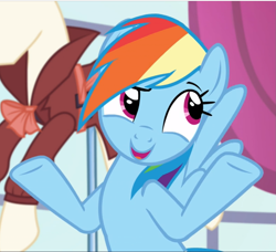 Size: 1031x942 | Tagged: safe, imported from derpibooru, screencap, rainbow dash, pegasus, pony, rarity investigates, cropped, dreamworks face, female, mare, open mouth, raised eyebrow, raised hoof, shrug, smiling, solo, spread wings, underhoof, wings