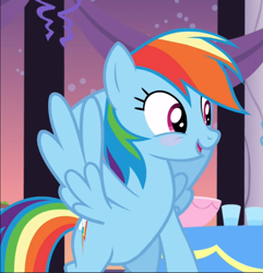 Size: 905x939 | Tagged: safe, imported from derpibooru, screencap, rainbow dash, pegasus, pony, rarity investigates, blushing, cropped, cute, dashabetes, female, flying, hooves behind head, mare, open mouth, smiling, solo, spread wings, wings