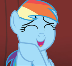 Size: 1016x936 | Tagged: safe, imported from derpibooru, screencap, rainbow dash, pegasus, pony, rarity investigates, close-up, cropped, cute, dashabetes, eyes closed, female, hooves together, mare, open mouth, smiling, solo