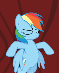 Size: 612x759 | Tagged: safe, imported from derpibooru, screencap, rainbow dash, pegasus, pony, rarity investigates, bipedal, cropped, curtain, curtains, eyes closed, female, mare, solo