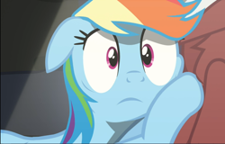 Size: 1468x939 | Tagged: safe, imported from derpibooru, screencap, rainbow dash, pegasus, pony, rarity investigates, cheek squish, close-up, cropped, female, floppy ears, mare, solo focus, squishy cheeks, wide eyes, worried