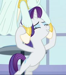 Size: 666x761 | Tagged: safe, imported from derpibooru, screencap, rarity, pony, unicorn, rarity investigates, bipedal, clothes, cropped, dress, eyes closed, female, mannequin, mare, smiling, solo