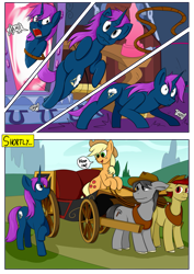 Size: 955x1350 | Tagged: safe, artist:teabucket, imported from derpibooru, applejack, oc, earth pony, pony, unicorn, equestria girls, comic, equestria girls ponified, female, horse drawn carriage, lasso, male, mare, ponified, portal, rope