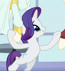 Size: 716x785 | Tagged: safe, imported from derpibooru, screencap, rarity, pony, unicorn, rarity investigates, bipedal, clothes, cropped, dress, female, looking up, mannequin, mare, raised hoof, solo