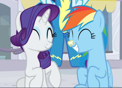 Size: 1086x782 | Tagged: safe, imported from derpibooru, screencap, rainbow dash, rarity, soarin', pegasus, pony, unicorn, rarity investigates, cropped, cute, dashabetes, duo focus, eyes closed, female, mare, offscreen character, raribetes, sitting, smiling, sunscreen