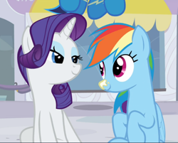 Size: 1066x858 | Tagged: safe, imported from derpibooru, screencap, rainbow dash, rarity, soarin', pegasus, pony, unicorn, rarity investigates, cropped, cute, dashabetes, duo focus, female, lidded eyes, looking at each other, mare, raribetes, sitting, smiling, sunscreen