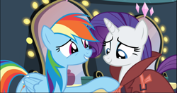 Size: 1671x879 | Tagged: safe, imported from derpibooru, screencap, rainbow dash, rarity, pegasus, pony, unicorn, rarity investigates, cropped, duo, female, mare, raised hoof, smiling