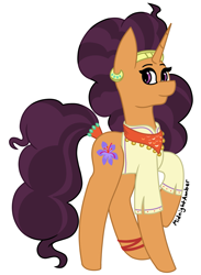 Size: 1403x1916 | Tagged: safe, artist:calibykitty, artist:midnightamber, imported from derpibooru, saffron masala, pony, unicorn, aside glance, bandana, bracelet, clothes, curly mane, curly tail, cute, ear piercing, earring, female, headband, jewelry, looking at you, mare, multicolored hair, one leg raised, piercing, raised hoof, saffronbetes, shirt, sideways glance, signature, simple background, smiling, solo, white background